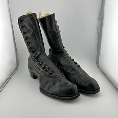 Antique 1800s Ladies Victorian Boots Black Button Up Leather Shabby Chic Decor - Image 1 of 4