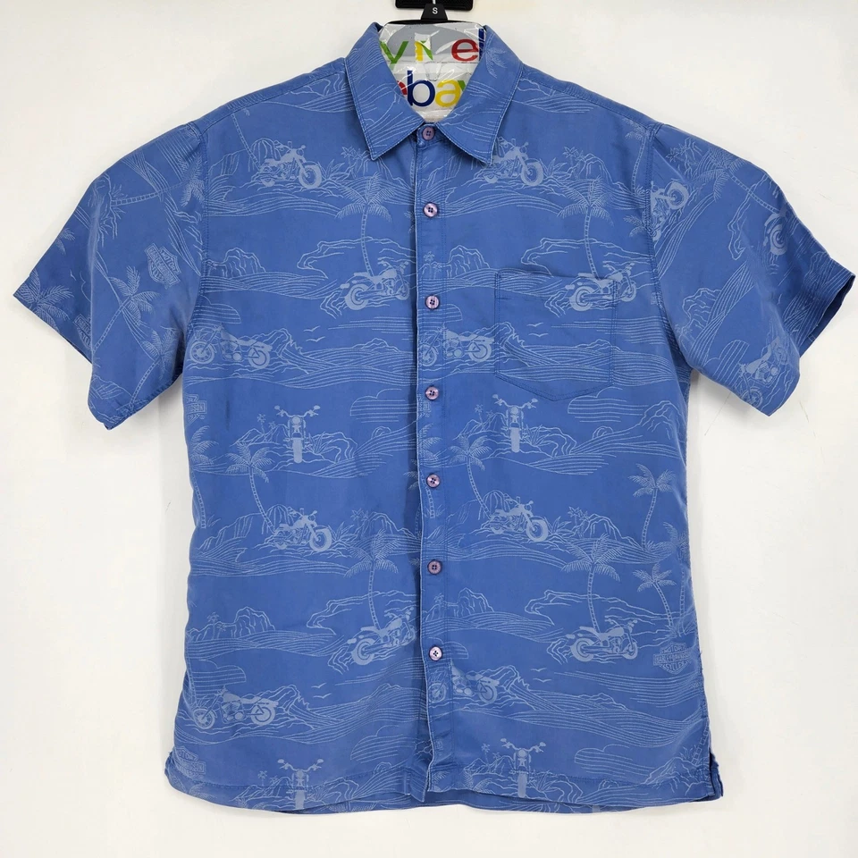 Camisa Harley Davidson Para Hombre Mediana Hawaiana Manga Corta Azul Suave Informal Foto 1 de 4