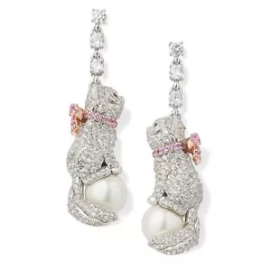 Kate Spade Pawlina Cat with Pink Bow Rhinestone Faux Pearl Linear Earrings NEW - Picture 1 of 8