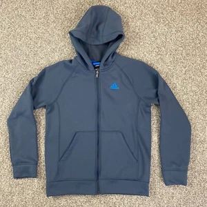 adidas Sweatshirt Youth Large (14-16) Blue Logo Hooded Full Zip Pockets - Picture 1 of 12