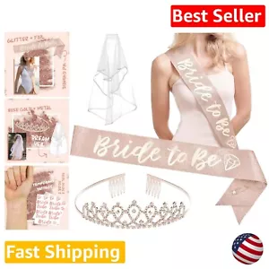 Rose Gold Glitter Bachelorette Party Decorations - Bride to Be Sash, Tiara, Veil - Picture 1 of 7