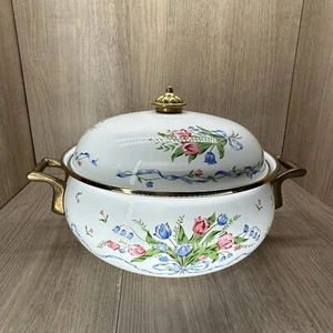 Lincoware Enamelware Brass Tulip French Fleur Covered Buffet Dutch Oven White - Picture 1 of 11