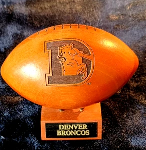 Vintage 1990s Denver Bronco Solid Wood Laser Etched Football on Stand - Picture 1 of 5