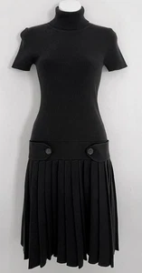 Vtg Y2K~MODA INTERNATIONAL Dress XS Black Turtleneck Short Sleeve Accordion Plea - Picture 1 of 5