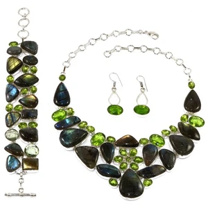 Fiery Labradorite Peridot Gemstone Jewelry Necklace Bracelet Earring Set 8-16'' - Bild 1 von 10