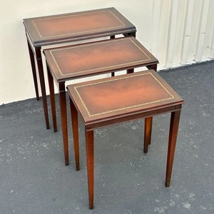 Vintage Set of 3 Mahogany Wood Nesting Side Tables Gold Tooled Leather 24" - Picture 1 of 17