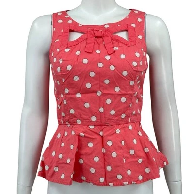 Lauren Conrad Top Womens Small Coral Salmon Peplum Polka Dot Sleeveless Bow - Image 1 of 4
