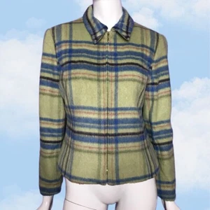 Vintage 90s Green Plaid Print Zip Front Jacket Coat Wool & Mohair Sz 10 Petite - Picture 1 of 5