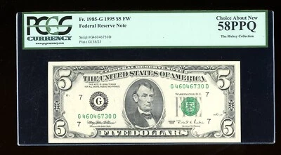DBR 1995 $5 FRN Chicago Fr. 1985-G PCGS 58 PPQ Serial G46046730D - Image 1 of 2