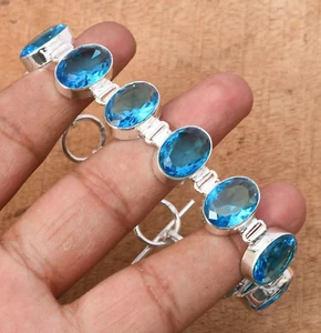 Blue Topaz Gemstone 925 Sterling Silver Handmade Ethnic Jewelry Bracelet 7-8" - Picture 1 of 8