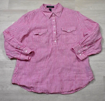 Blusa Ralph Lauren Años 90 Lino Manga 3/4 Rosa Rayas Pequeña Mediana De Colección Foto 1 de 4