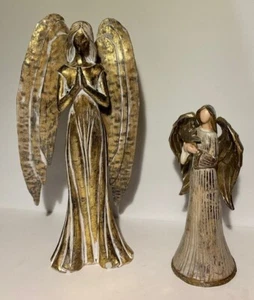 Set of 2 angels with gold coloring, one wood and one metal - Picture 1 of 1