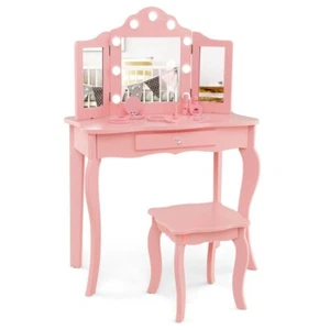 Kids Makeup Dressing Table Vanity Table Stool Set w/Detachable Mirror LED Lights - Picture 1 of 10