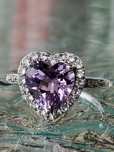 Labcreated Amethyst Heart Cut, White Sapphires &Diam Ring 10kt Solid White Gold  - Picture 1 of 12