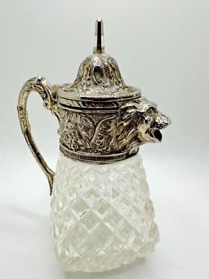Vintage Lion's Head Diamond Point Glass Syrup Creamer Pitcher Silver Plated - Image 1 of 4