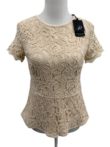 NEW Adrianna Papell Latte Beige Lace Overlay Peplum Blouse Top Womens Size Small - Picture 1 of 12