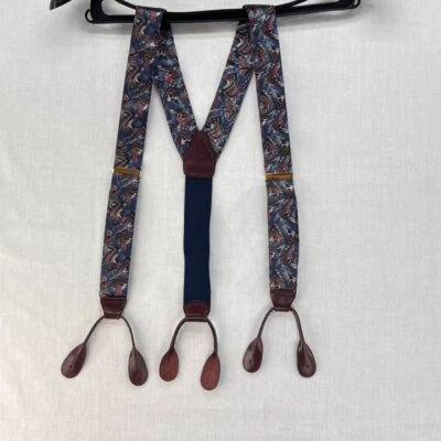 Suspensórios Pelican Vintage Masculino Couro Preto Botão Braços Seda Azul Marinho Abstrato - Imagem 1 de 4