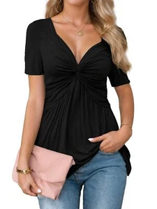 Womens Front Knotted V-Neck T Shirt Blouse Short Sleeve Pullover Tops - Picture 1 of 10