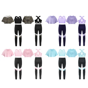 Kids Girls Pants Ice Skating Hooded Crop Top Casual Vest Biketard Sportswear - Picture 1 of 45