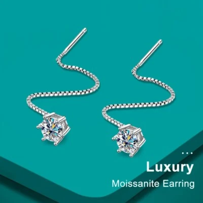 0.5ct D Color Moissanite Threader Drop Earrings S925 Silver 14K White Gold Plate - Image 1 of 4