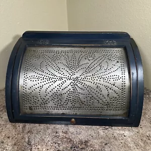 Rustic Distressed Blue Bread Box Farmhouse Kitchen Handmade Wood Tin Punch Art - Picture 1 of 13