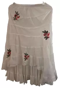 White Diamonds White High-Low Maxi Skirt Floral Design Small Boho Sheer Cotton - Picture 1 of 9
