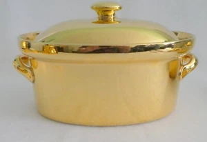 HALL Golden Glo Oval Baking Dish W Lid USA 22k Gold 8 1/2", x 6 1/4" 6 CUPS - Picture 1 of 10