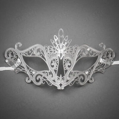 Silver Elegant Laser Cut Metal Women's Mask Masquerade Party Costume Eye Mask - Image 1 of 4