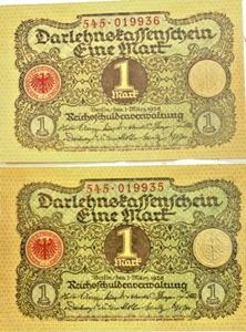 Unique Pair of 1920 1 Mark Notes – Weimar Republic Era, Consecutive Serials - Picture 1 of 2