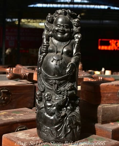 16" Chinese Black Ebony Wood Carved Happy Laugh Maitreya Buddha Tongzi Statue - Picture 1 of 15