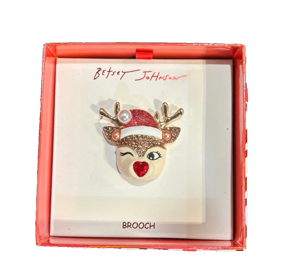 Broche prendedor Betsey Johnson guiñando un ojo reno perla vacaciones de Navidad NUEVO EN CAJA Foto 1 de 2