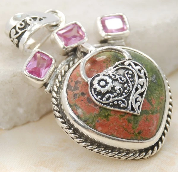 Огромный натуральный унакит и розовый топаз драгоценный камень ручной работы серебряная подвеска ювелирных изделий P1068 - Изображение 1 из 3