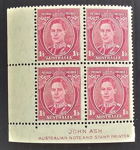1938 Australia Ash Imp Blk 4x1/4- brt magenta KGV1 stamps P13.5X14 MUH $30.00. - Bild 1 von 2