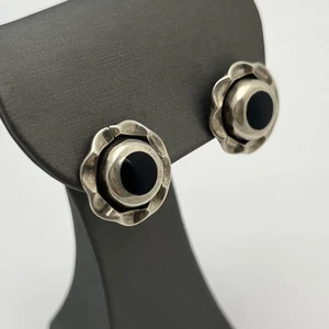 PENDIENTES POSTE ÓNIX NEGRO REDONDOS PLATA ESTERLINA 925 MÉXICO VINTAGE - Imagen 1 de 4