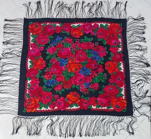 Authentisches Pavlovo Posad russisches Tuch Schal mit Quasten Krepp Seide 35" + 7" Fransen - Bild 1 von 4