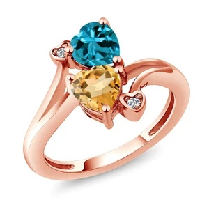 18K Rose Gold Plated Silver London Blue Topaz Citrine and White Moissanite Ring - Picture 1 of 6