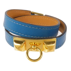 Bracciale HERMES GHW Rivale Doppio Tour Pelle Blu - Foto 1 di 11