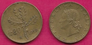 ITALY 20 LIRE 1957R WOMAN HEAD FACING LEFT WITH WHEAT SPRIGS IN HER HAIR,OAK - Picture 1 of 1