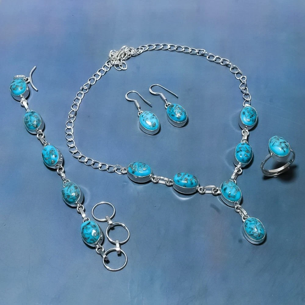Cocazyw Turquoise Jewelry Set For Women - Silver Butterfly Bracelet, Necklace & Earrings - View #2