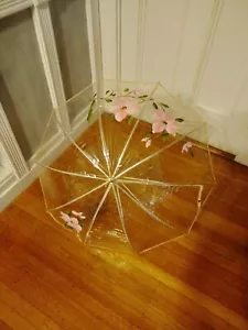 Ombrello Vintage Trasparente Trasparente Con Grandi Fiori Rosa - Foto 1 di 8