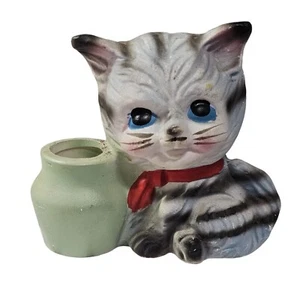 Vintage Ceramic Grey Stripe Tabby Cat Figurine w/Green Planter Vase Japan - Picture 1 of 7