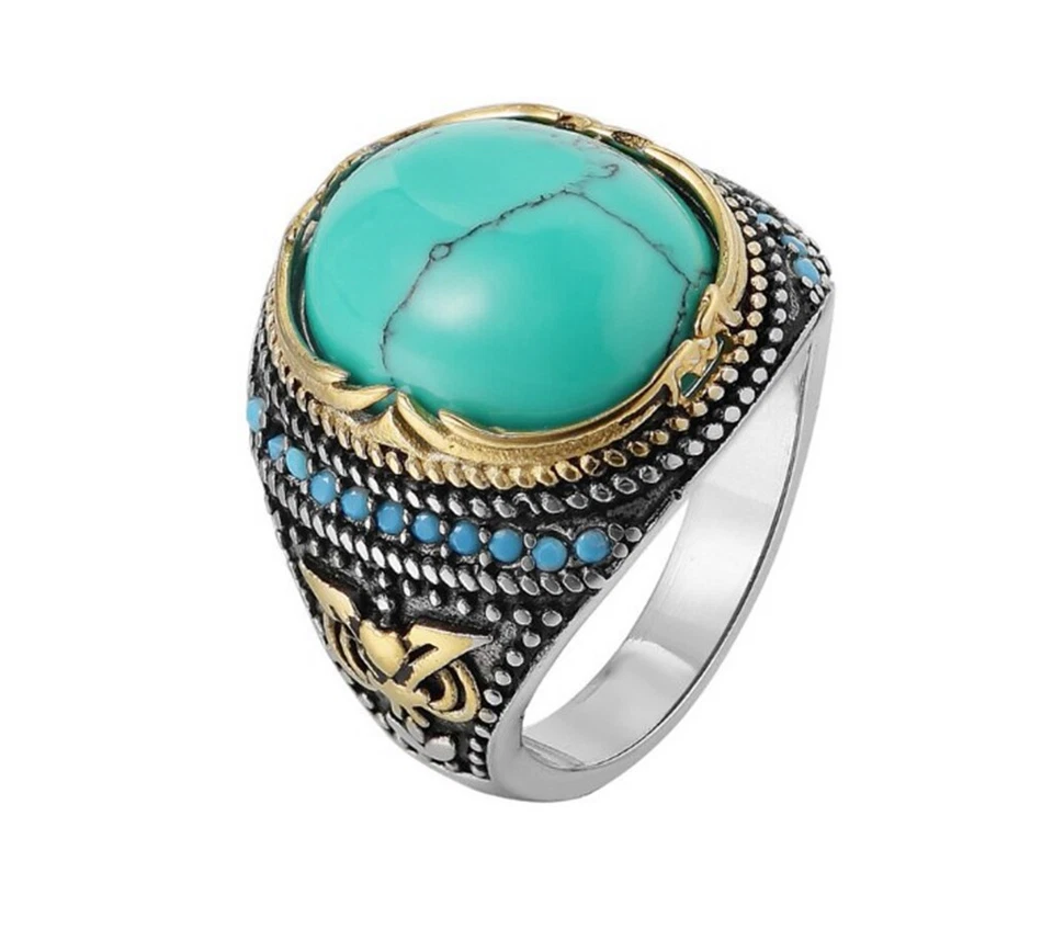 Men Blue Turquoise Oval Stone Silver Titanium Stainless Steel Ring Men 8-12 Foto 1 de 1