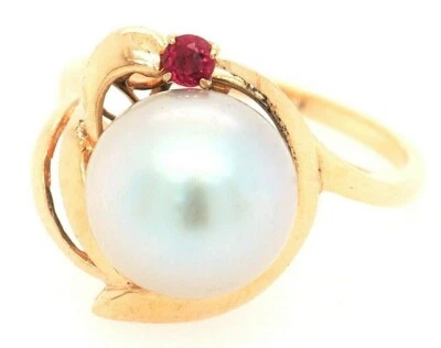 Pearl & Ruby 14ct Yellow Gold Dress Ring Silver/Grey Pearl Fine Jewellery Size L - Image 1 of 4