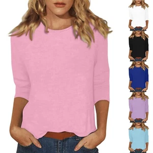 3/4 Length Sleeve Womens Tops Casual Loose Fit Crewneck Shirts Solid Tunic Tops~ - Picture 1 of 32