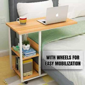 Supreme Sofa Bed Side Table Laptop Desk with Shelves Wheels (Oak) - Picture 1 of 2