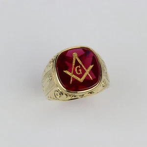 Fancy Vintage 14k Yellow Gold Men's Freemason Masonic Ring Size 9.25 - Picture 1 of 4