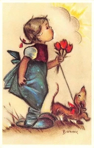 Tarjeta postal de Bélgica Girl & Flowers Little Folks Bonnie firmada por artista Mainzer #575 - Imagen 1 de 2