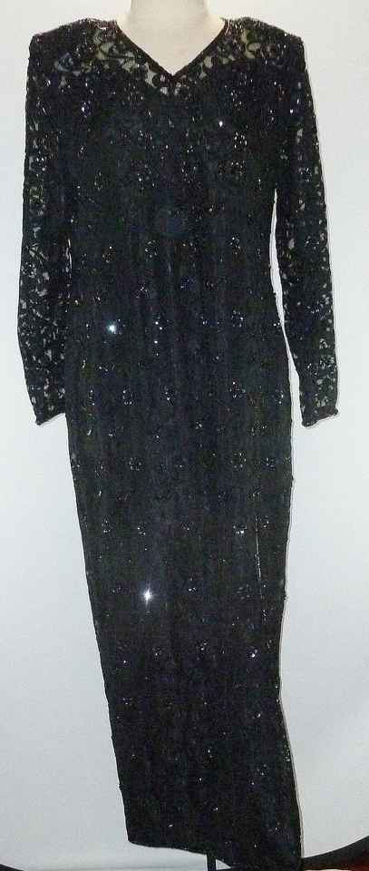 Fashion House XL Evening Dress Black Beaded Long Gown Vintage Silk Formal Party - Image 1 of 4