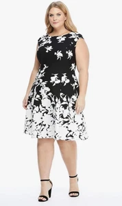 London Times Fit and Flare schwarz-weißes geblümtes Damenkleid Übergröße 20W - Bild 1 von 10