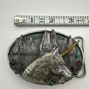 1983 Bergamot Unicorn Brass Belt Buckle Enameled Horn Roses Vtg 80s Made in USA - Picture 1 of 6